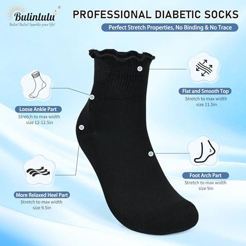 Bulinlulu Diabetikersocken für Damen – 6 Paar nicht einschnürende Neuropathie-Socken für Damen Größe 6-9 (Rüschen-Gruppe F-M)