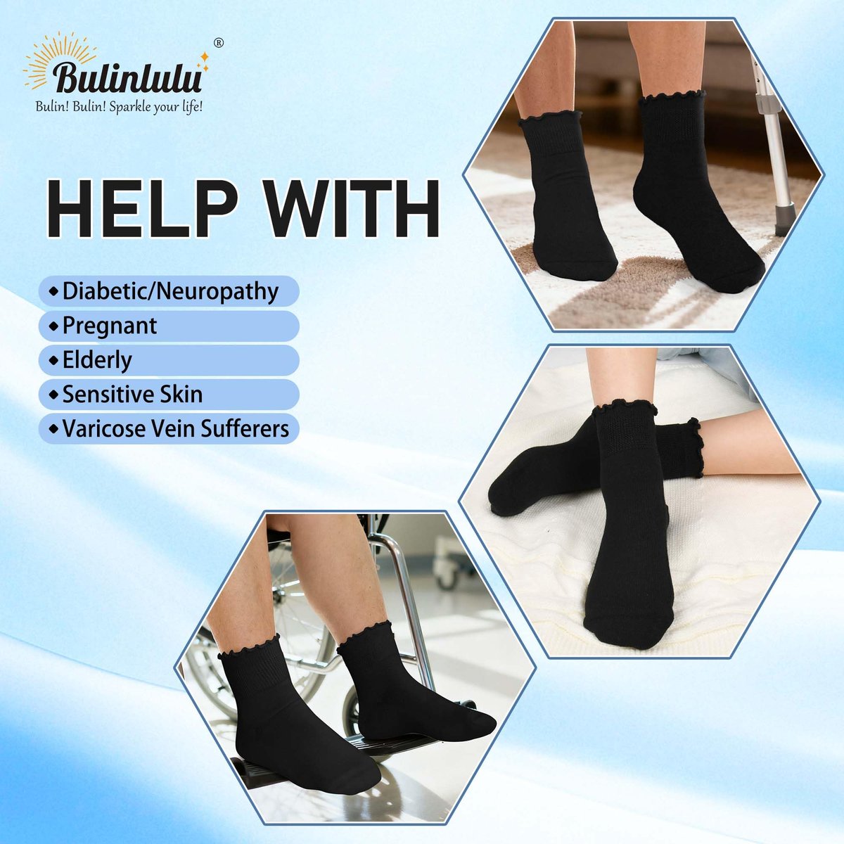 Bulinlulu Diabetikersocken für Damen – 6 Paar nicht einschnürende Neuropathie-Socken für Damen Größe 6-9 (Rüschen-Gruppe F-M)