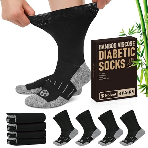NOLUNT Diabetikersocken für Herren, 4 Paar, nicht einschnürend, lockerer breiter Bund, Crew-Socken für Herren Größe 9-12, 10-13, 13-15 (Schwarz, XL)