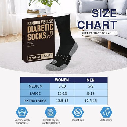 NOLUNT Diabetikersocken für Herren, 4 Paar, nicht einschnürend, lockerer breiter Bund, Crew-Socken für Herren Größe 9-12, 10-13, 13-15 (Schwarz, XL)