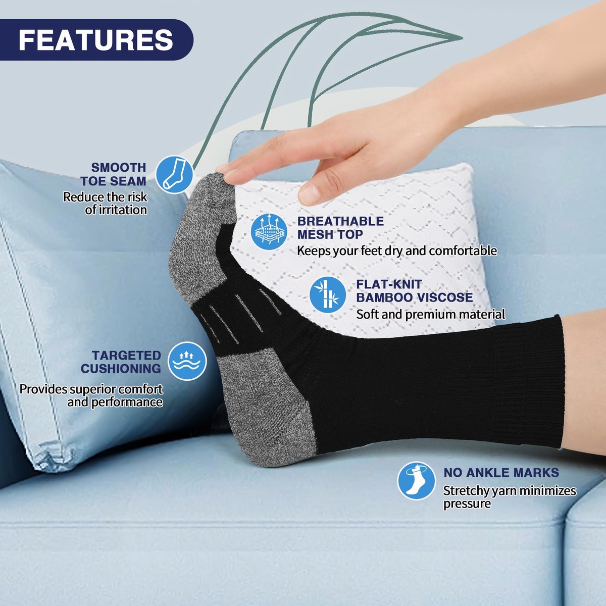 NOLUNT Diabetikersocken für Herren, 4 Paar, nicht einschnürend, lockerer breiter Bund, Crew-Socken für Herren Größe 9-12, 10-13, 13-15 (Schwarz, XL)
