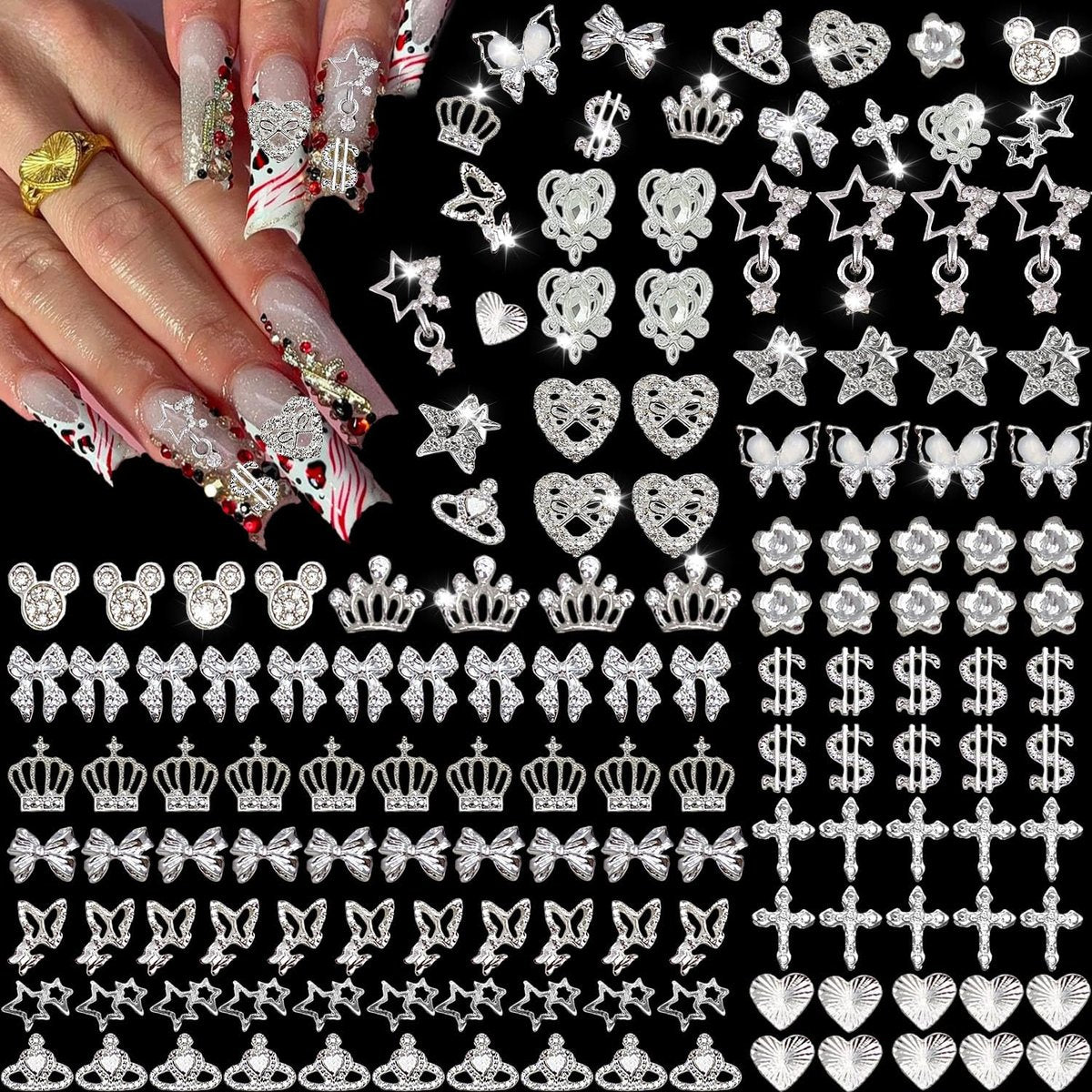 KACHIMOO 128 Stück Silber Nagelverzierungen, Nagelsteine Silber Strasssteine für Nägel 3D Schmetterling, Schleife, Stern, Krone, Kreuz, Dollar, Herz Formen Y2K Accessoires Nageldekoration (17 Stile)