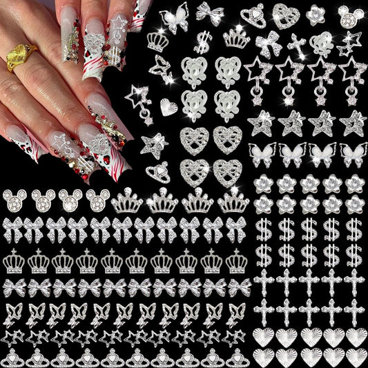 KACHIMOO 128 Stück Silber Nagelverzierungen, Nagelsteine Silber Strasssteine für Nägel 3D Schmetterling, Schleife, Stern, Krone, Kreuz, Dollar, Herz Formen Y2K Accessoires Nageldekoration (17 Stile)