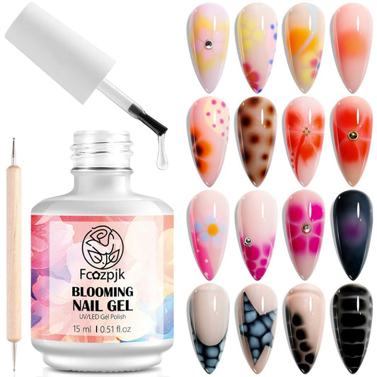 Fcozpjk Nail Blooming Gel 15 ml – Klarer Blooming Gel für Wasserfarben-Effekte, Marmorierung, Ombre & Aura-Nageldesign – inkl. Dotting Pen – UV/LED Aushärtung
