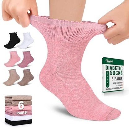 Bulinlulu Diabetikersocken für Damen – 6 Paar nicht einschnürende Socken bei Neuropathie, Größe 9-11 (Rüschen Gruppe A-M)