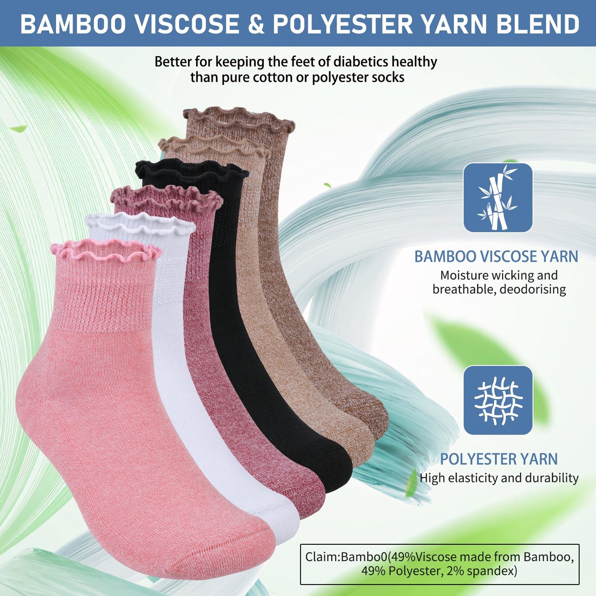 Bulinlulu Diabetikersocken für Damen – 6 Paar nicht einschnürende Socken bei Neuropathie, Größe 9-11 (Rüschen Gruppe A-M)