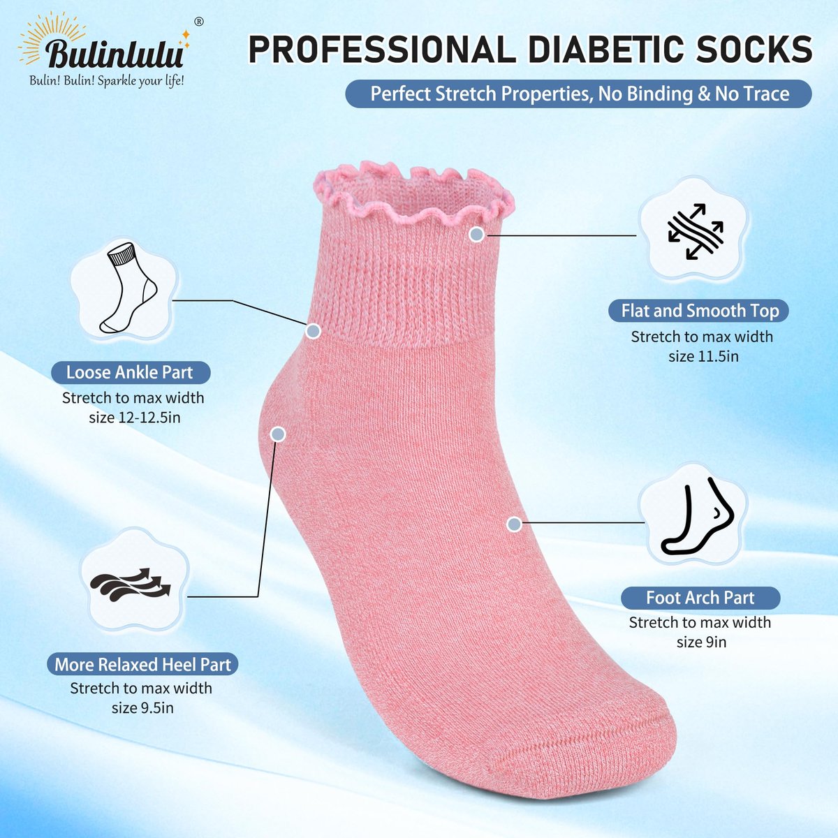 Bulinlulu Diabetikersocken für Damen – 6 Paar nicht einschnürende Socken bei Neuropathie, Größe 9-11 (Rüschen Gruppe A-M)