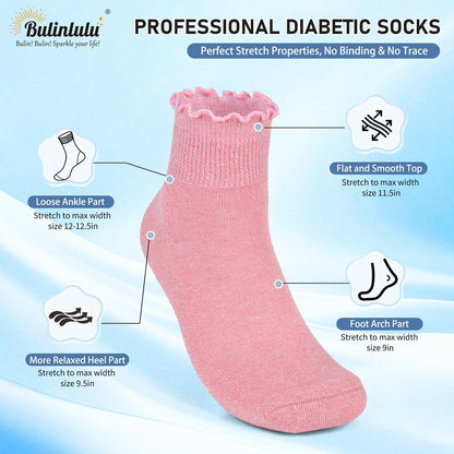 Bulinlulu Diabetikersocken für Damen – 6 Paar nicht einschnürende Socken bei Neuropathie, Größe 9-11 (Rüschen Gruppe A-M)