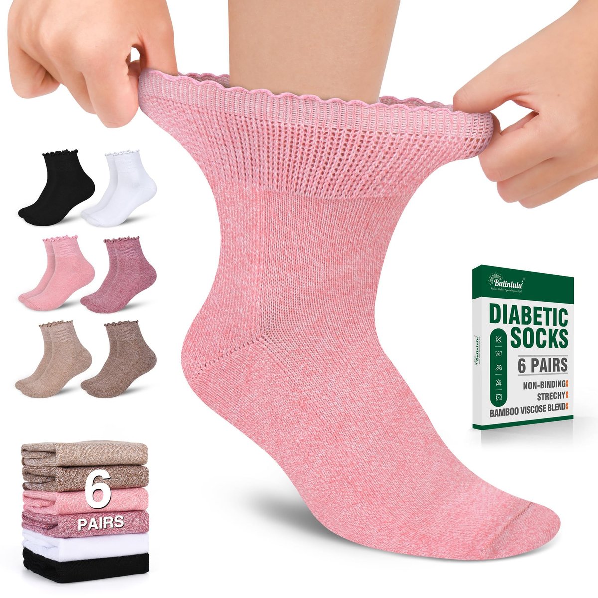 Bulinlulu Diabetikersocken für Damen – 6 Paar nicht einschnürende Socken bei Neuropathie, Größe 9-11 (Rüschen Gruppe A-M)