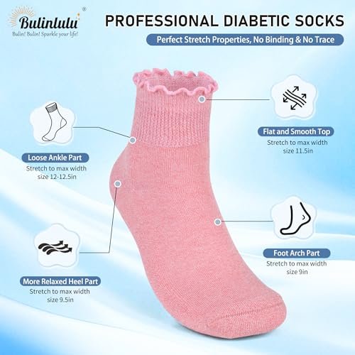 Bulinlulu Diabetikersocken für Damen – 6 Paar nicht einschnürende Socken bei Neuropathie, Größe 9-11 (Rüschen Gruppe A-M)