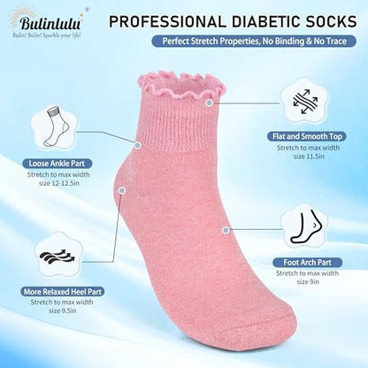 Bulinlulu Diabetikersocken für Damen – 6 Paar nicht einschnürende Socken bei Neuropathie, Größe 9-11 (Rüschen Gruppe A-M)