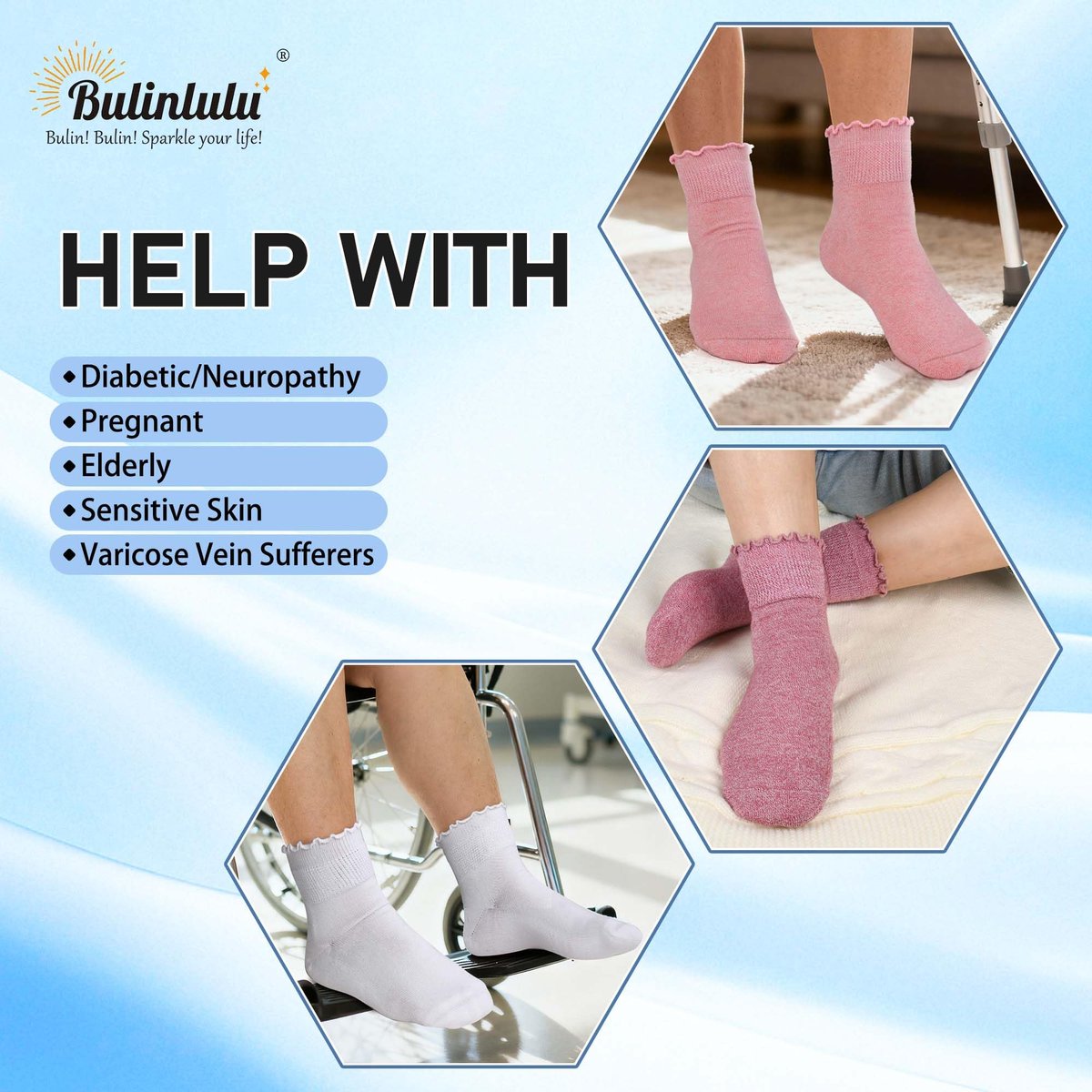 Bulinlulu Diabetikersocken für Damen – 6 Paar nicht einschnürende Socken bei Neuropathie, Größe 9-11 (Rüschen Gruppe A-M)
