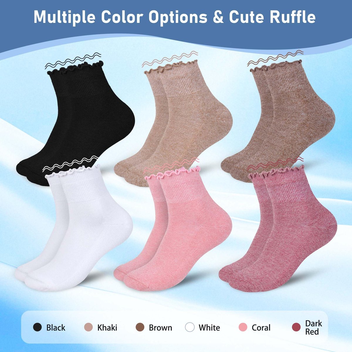 Bulinlulu Diabetikersocken für Damen – 6 Paar nicht einschnürende Socken bei Neuropathie, Größe 9-11 (Rüschen Gruppe A-M)