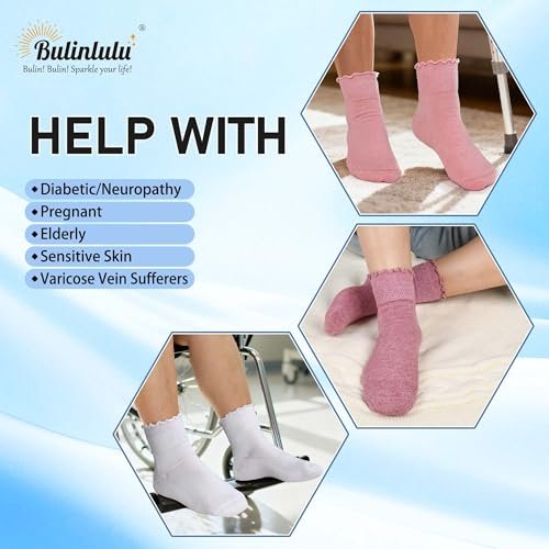 Bulinlulu Diabetikersocken für Damen – 6 Paar nicht einschnürende Socken bei Neuropathie, Größe 9-11 (Rüschen Gruppe A-M)