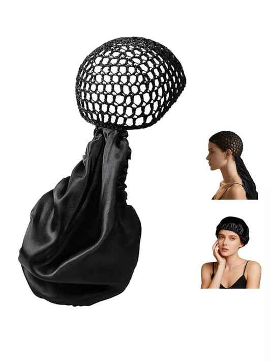 2-in-1 Wickelhaube Haarnetz – Verstellbares Haarwickelnetz & Tuch für Silk Press, Extra Lange Haube für Lockiges & Geflochtenes Schwarz