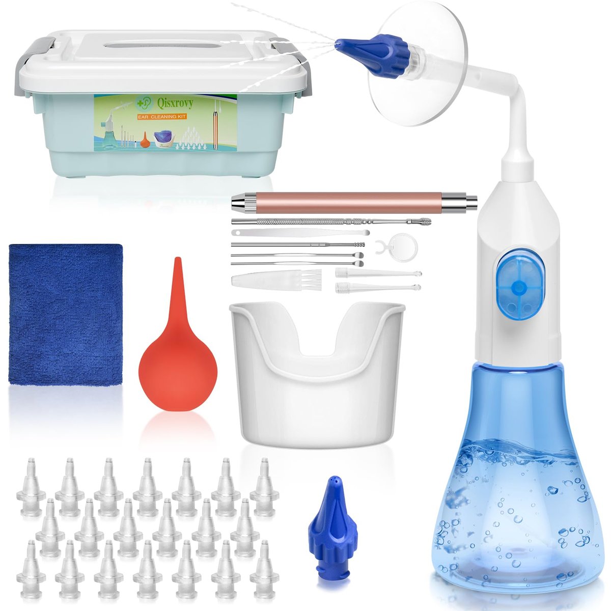 QISXROVY Ohrenschmalz Entfernungswerkzeug, Ohrenreinigungsset, Sicheres Ohrspülsystem für Erwachsene & Kinder, Groß (50 Zubehörteile), Blau