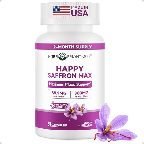 Safran Kapseln 88,5 mg mit Magnesium, Ashwagandha & L-Theanin – Happy Saffron Max – Steigert Energie & Stimmung, Unterstützt Augen- & Herzgesundheit – 60 vegane Kapseln, Non-GMO, Hergestellt in USA, 2-Monats-Vorrat