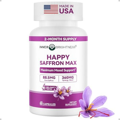 Safran Kapseln 88,5 mg mit Magnesium, Ashwagandha & L-Theanin – Happy Saffron Max – Steigert Energie & Stimmung, Unterstützt Augen- & Herzgesundheit – 60 vegane Kapseln, Non-GMO, Hergestellt in USA, 2-Monats-Vorrat