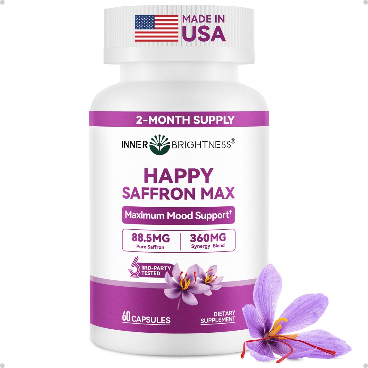 Safran Kapseln 88,5 mg mit Magnesium, Ashwagandha & L-Theanin – Happy Saffron Max – Steigert Energie & Stimmung, Unterstützt Augen- & Herzgesundheit – 60 vegane Kapseln, Non-GMO, Hergestellt in USA, 2-Monats-Vorrat