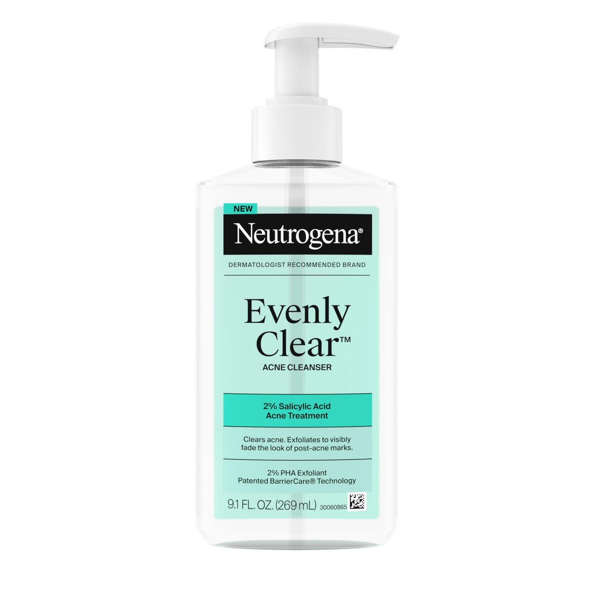 Neutrogena Evenly Clear Akne-Reiniger mit 2% Salicylsäure & 2% PHA Peeling, sanfter Schaumreiniger für verstopfte Poren und Mitesser, sichtbare Reduzierung von Post-Akne-Malen, 269 ml