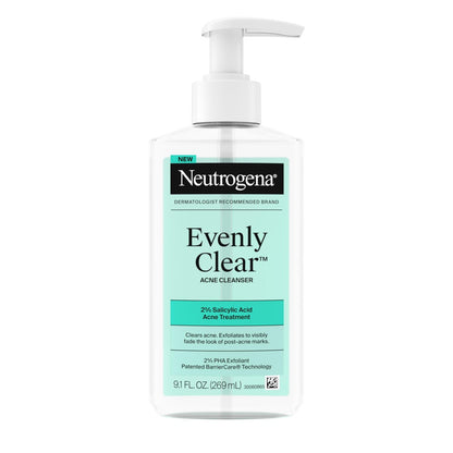 Neutrogena Evenly Clear Akne-Reiniger mit 2% Salicylsäure & 2% PHA Peeling, sanfter Schaumreiniger für verstopfte Poren und Mitesser, sichtbare Reduzierung von Post-Akne-Malen, 269 ml