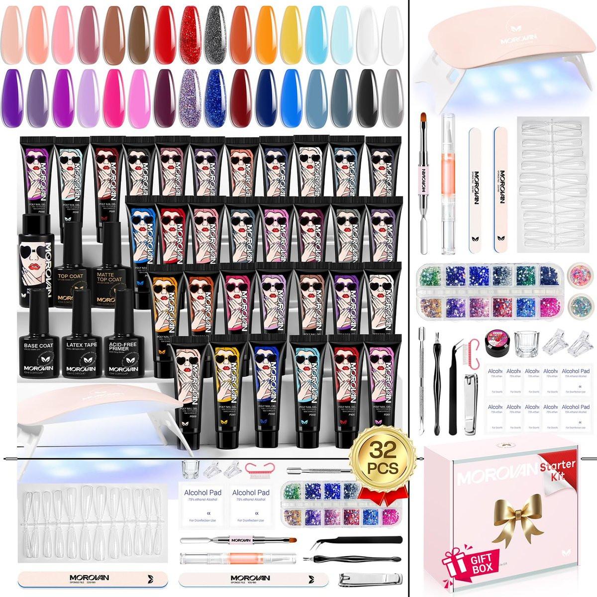 Morovan Poly Gel Nail Set – Komplettes Verlängerungs-Gel-Nagelset mit UV-Lampe, Slip-Lösung & Profi-Werkzeugen für Anfänger & zu Hause