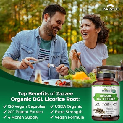 Zazzee USDA Bio-Lakritz 20:1 Extrakt, 120 vegane Kapseln, 4-Monats-Vorrat, deglycyrrhiziniertes Lakritz, Glycyrrhiza glabra, Verdauungs- & Magenunterstützung, natürlich, nicht-GVO, hergestellt in den USA