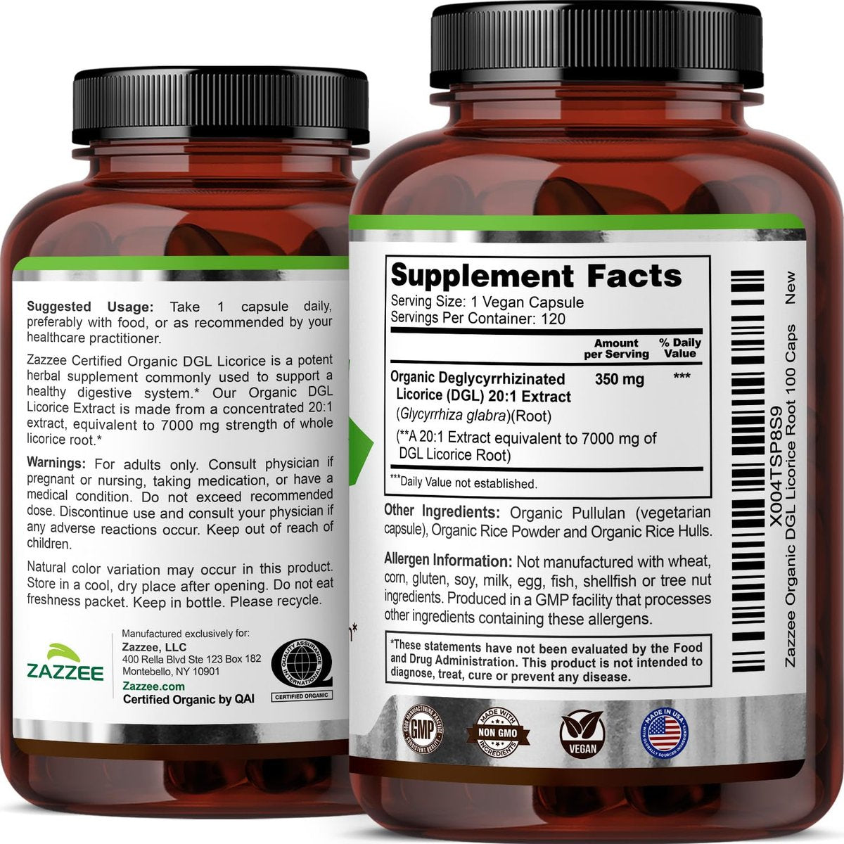 Zazzee USDA Bio-Lakritz 20:1 Extrakt, 120 vegane Kapseln, 4-Monats-Vorrat, deglycyrrhiziniertes Lakritz, Glycyrrhiza glabra, Verdauungs- & Magenunterstützung, natürlich, nicht-GVO, hergestellt in den USA