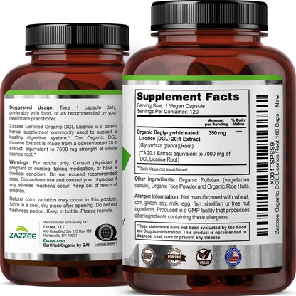 Zazzee USDA Bio-Lakritz 20:1 Extrakt, 120 vegane Kapseln, 4-Monats-Vorrat, deglycyrrhiziniertes Lakritz, Glycyrrhiza glabra, Verdauungs- & Magenunterstützung, natürlich, nicht-GVO, hergestellt in den USA