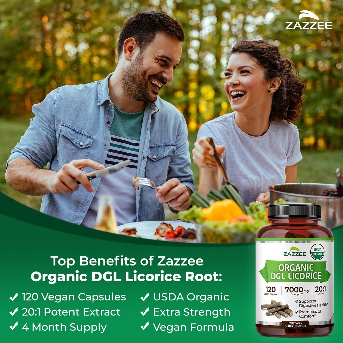 Zazzee USDA Bio-Lakritz 20:1 Extrakt, 120 vegane Kapseln, 4-Monats-Vorrat, deglycyrrhiziniertes Lakritz, Glycyrrhiza glabra, Verdauungs- & Magenunterstützung, natürlich, nicht-GVO, hergestellt in den USA
