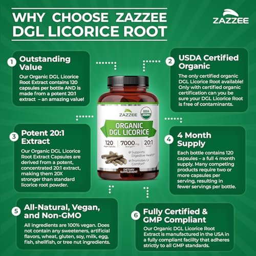 Zazzee USDA Bio-Lakritz 20:1 Extrakt, 120 vegane Kapseln, 4-Monats-Vorrat, deglycyrrhiziniertes Lakritz, Glycyrrhiza glabra, Verdauungs- & Magenunterstützung, natürlich, nicht-GVO, hergestellt in den USA