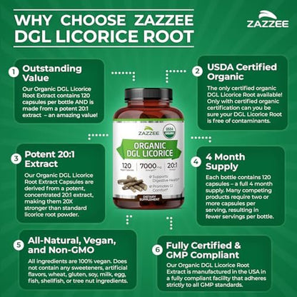 Zazzee USDA Bio-Lakritz 20:1 Extrakt, 120 vegane Kapseln, 4-Monats-Vorrat, deglycyrrhiziniertes Lakritz, Glycyrrhiza glabra, Verdauungs- & Magenunterstützung, natürlich, nicht-GVO, hergestellt in den USA