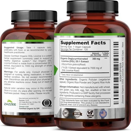 Zazzee USDA Bio-Lakritz 20:1 Extrakt, 120 vegane Kapseln, 4-Monats-Vorrat, deglycyrrhiziniertes Lakritz, Glycyrrhiza glabra, Verdauungs- & Magenunterstützung, natürlich, nicht-GVO, hergestellt in den USA
