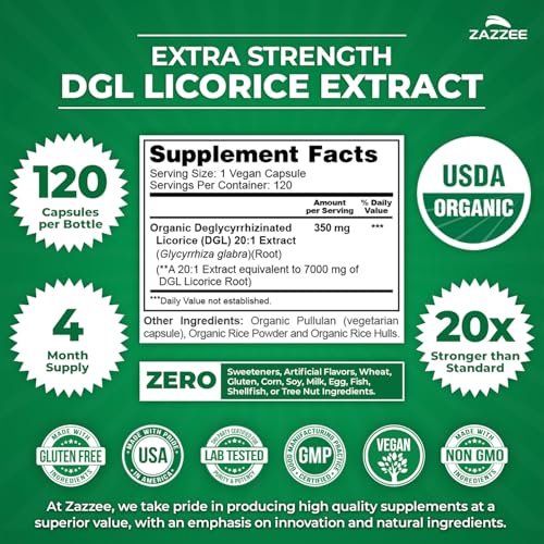 Zazzee USDA Bio-Lakritz 20:1 Extrakt, 120 vegane Kapseln, 4-Monats-Vorrat, deglycyrrhiziniertes Lakritz, Glycyrrhiza glabra, Verdauungs- & Magenunterstützung, natürlich, nicht-GVO, hergestellt in den USA