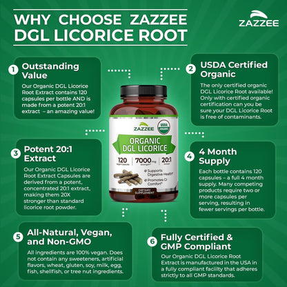 Zazzee USDA Bio-Lakritz 20:1 Extrakt, 120 vegane Kapseln, 4-Monats-Vorrat, deglycyrrhiziniertes Lakritz, Glycyrrhiza glabra, Verdauungs- & Magenunterstützung, natürlich, nicht-GVO, hergestellt in den USA