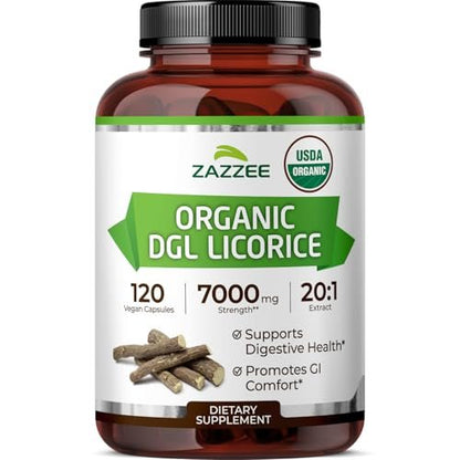Zazzee USDA Bio-Lakritz 20:1 Extrakt, 120 vegane Kapseln, 4-Monats-Vorrat, deglycyrrhiziniertes Lakritz, Glycyrrhiza glabra, Verdauungs- & Magenunterstützung, natürlich, nicht-GVO, hergestellt in den USA