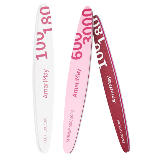 AmariMay Nagelfeilen Set, 3 Stück 100/180 Kantenfeile, 100/180 Flex-Feile und 600/3000 Polierfeile, doppelseitige waschbare Schleifblöcke, professionelles Maniküre-Werkzeug für Acryl- und Gelnägel