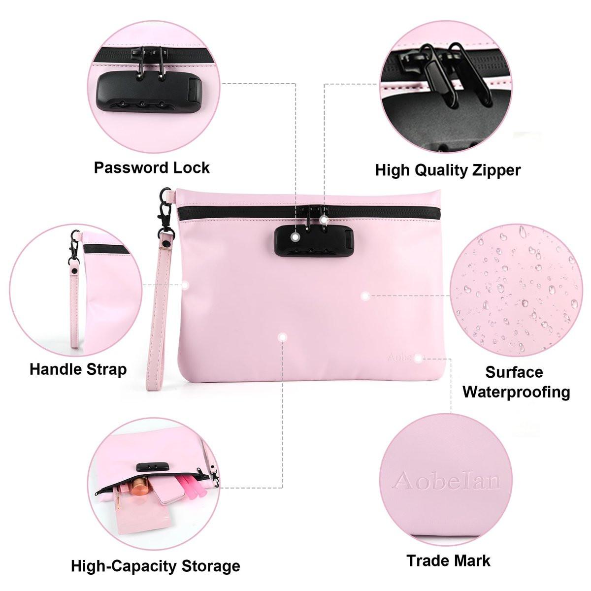 Aobelan PU Reisesafe Beutel - Wasserdicht mit Zahlenschloss, 8 Accessoires und Geschenkbox, Rosa