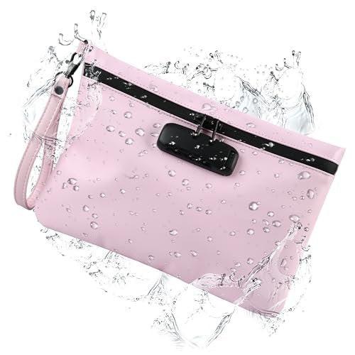 Aobelan PU Reisesafe Beutel - Wasserdicht mit Zahlenschloss, 8 Accessoires und Geschenkbox, Rosa