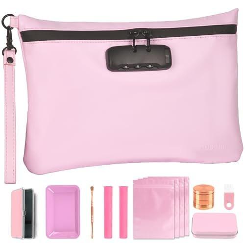 Aobelan PU Reisesafe Beutel - Wasserdicht mit Zahlenschloss, 8 Accessoires und Geschenkbox, Rosa