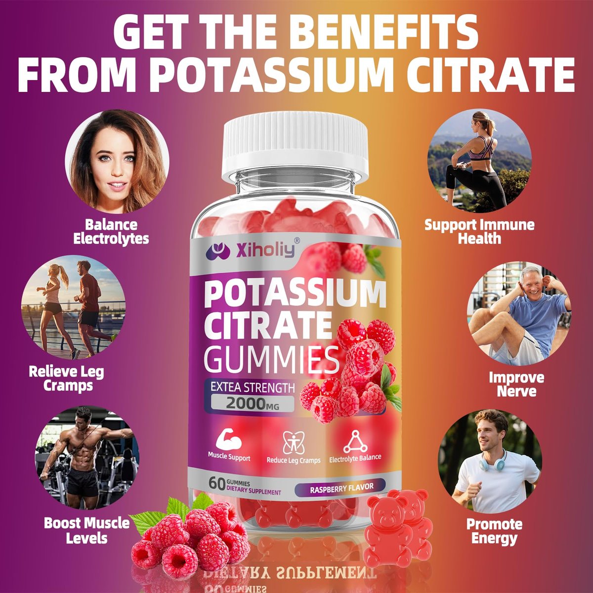 Kaliumcitrat Gummis 2000 mg – Hochdosierte Elektrolyt-Gummis mit Magnesiumglycinat, Zink, Vitamin C, D3 & K2 – 60 Stück