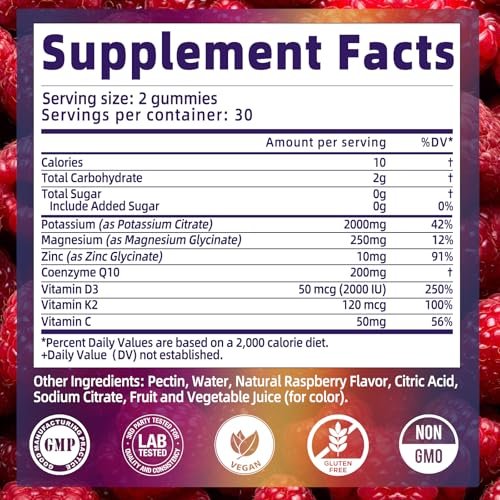 Kaliumcitrat Gummis 2000 mg – Hochdosierte Elektrolyt-Gummis mit Magnesiumglycinat, Zink, Vitamin C, D3 & K2 – 60 Stück