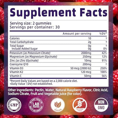 Kaliumcitrat Gummis 2000 mg – Hochdosierte Elektrolyt-Gummis mit Magnesiumglycinat, Zink, Vitamin C, D3 & K2 – 60 Stück