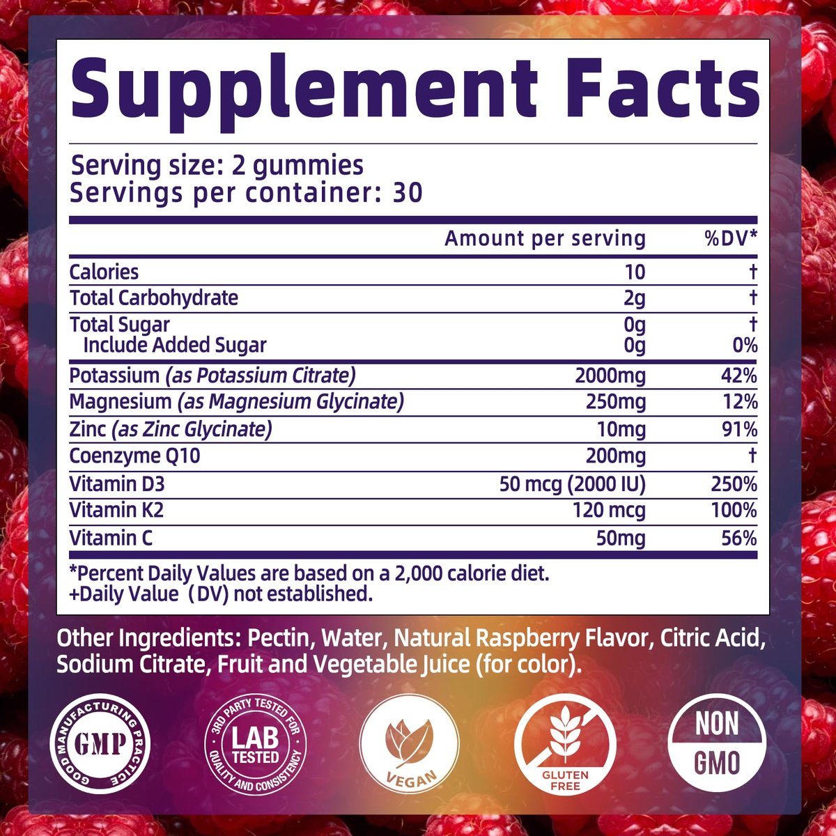 Kaliumcitrat Gummis 2000 mg – Hochdosierte Elektrolyt-Gummis mit Magnesiumglycinat, Zink, Vitamin C, D3 & K2 – 60 Stück