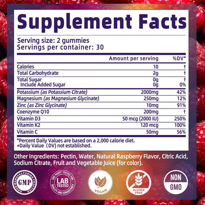 Kaliumcitrat Gummis 2000 mg – Hochdosierte Elektrolyt-Gummis mit Magnesiumglycinat, Zink, Vitamin C, D3 & K2 – 60 Stück