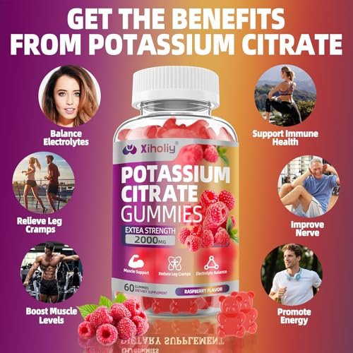 Kaliumcitrat Gummis 2000 mg – Hochdosierte Elektrolyt-Gummis mit Magnesiumglycinat, Zink, Vitamin C, D3 & K2 – 60 Stück