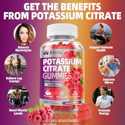 Kaliumcitrat Gummis 2000 mg – Hochdosierte Elektrolyt-Gummis mit Magnesiumglycinat, Zink, Vitamin C, D3 & K2 – 60 Stück
