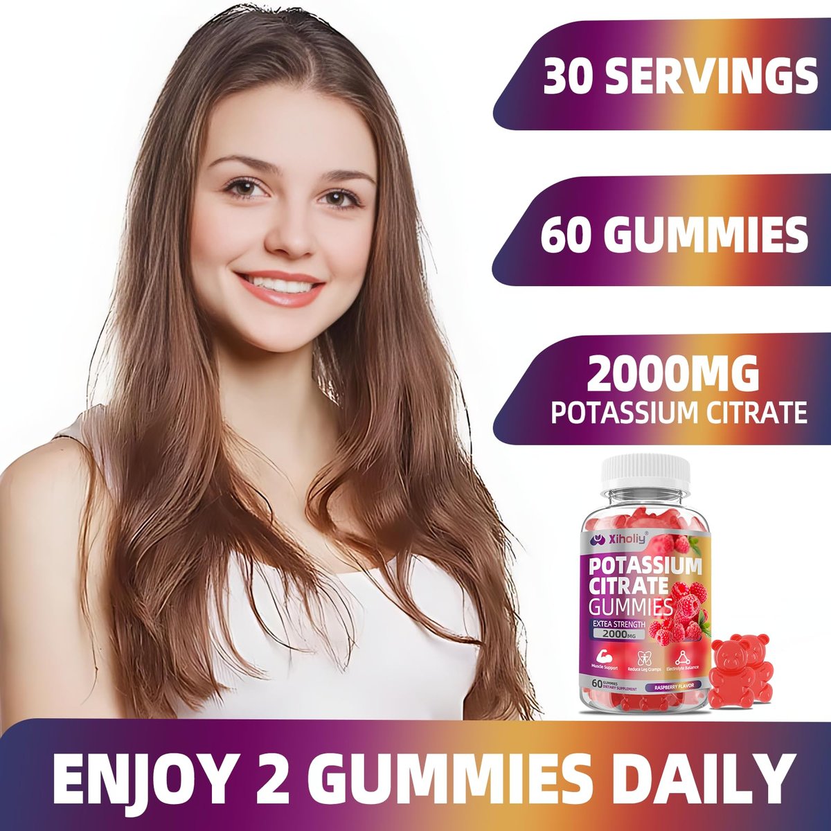 Kaliumcitrat Gummis 2000 mg – Hochdosierte Elektrolyt-Gummis mit Magnesiumglycinat, Zink, Vitamin C, D3 & K2 – 60 Stück