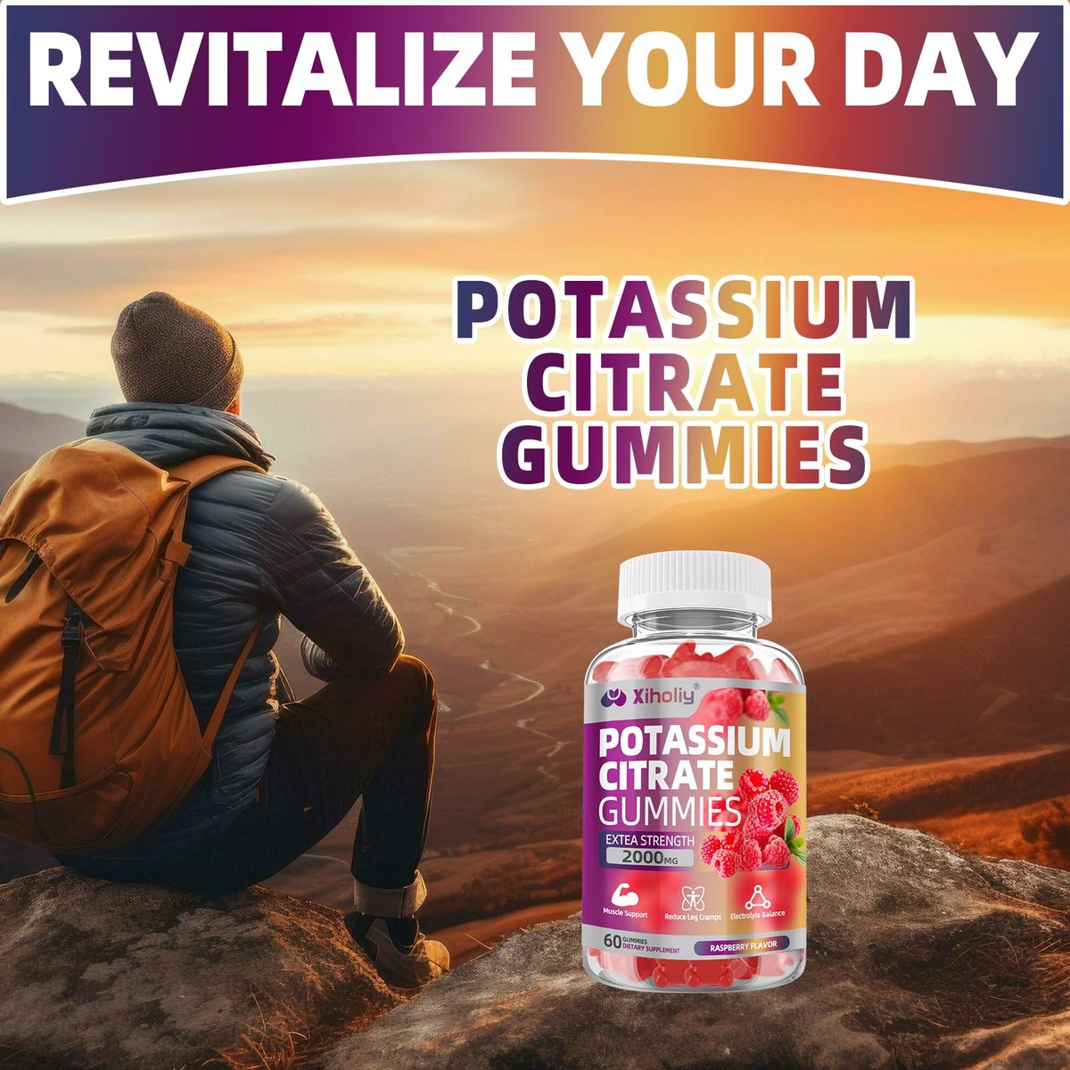 Kaliumcitrat Gummis 2000 mg – Hochdosierte Elektrolyt-Gummis mit Magnesiumglycinat, Zink, Vitamin C, D3 & K2 – 60 Stück