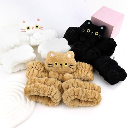 AMCAMI Spa-Stirnband, 3er-Set Katzen-Make-up-Stirnband, weiches Plüsch-Gesichtswasch-Haarband für Frauen, tägliche Selbstpflege & Styling